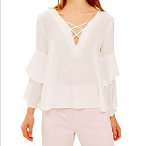 White Crisscross V Neck Tiered Bell Sleeve Semi Sheer Blouse by Topshop NEW